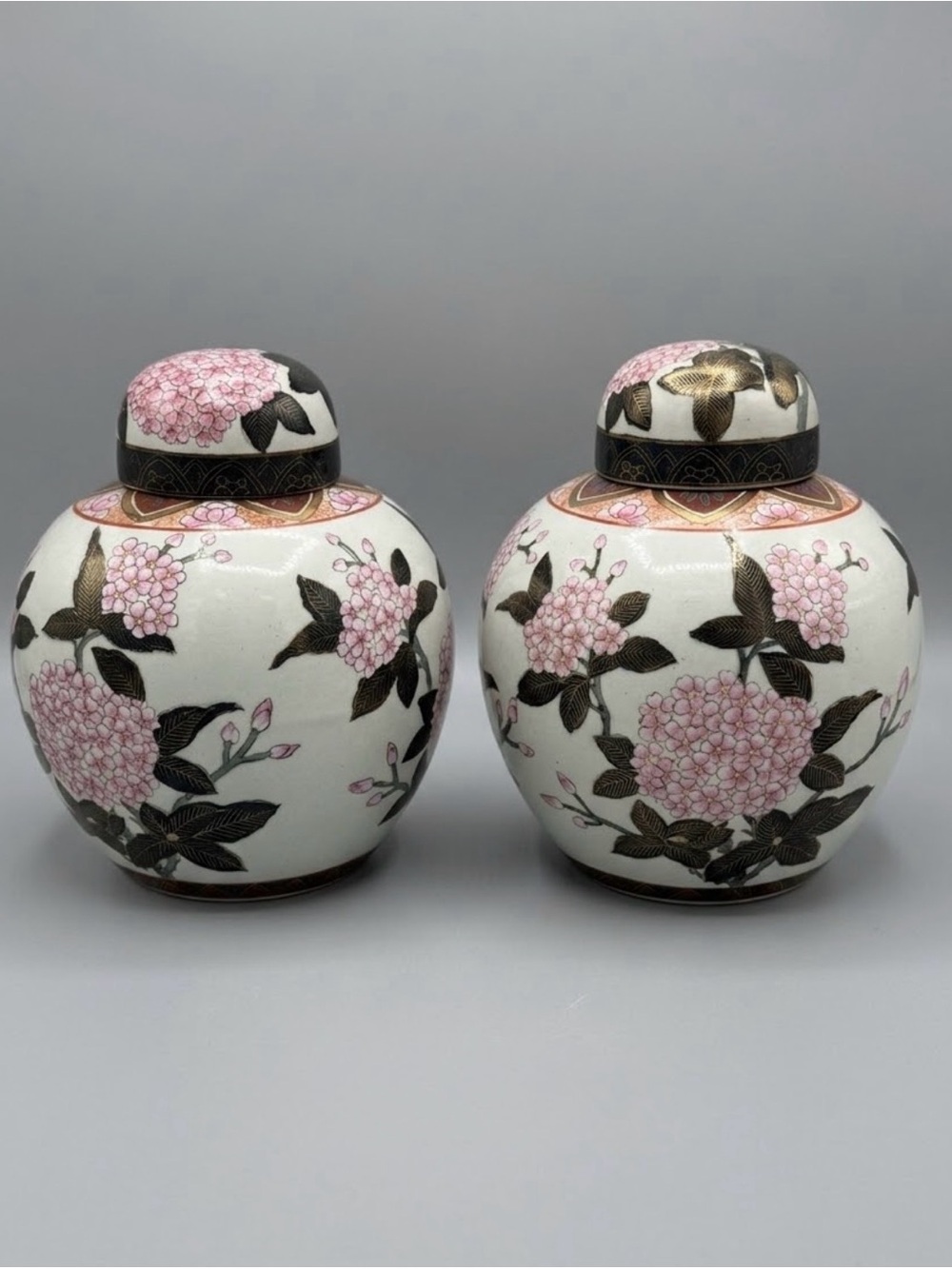 Pair of Vintage 1970s Chinese Porcelain Ginger Jars: Hand-Painted Hydrangeas